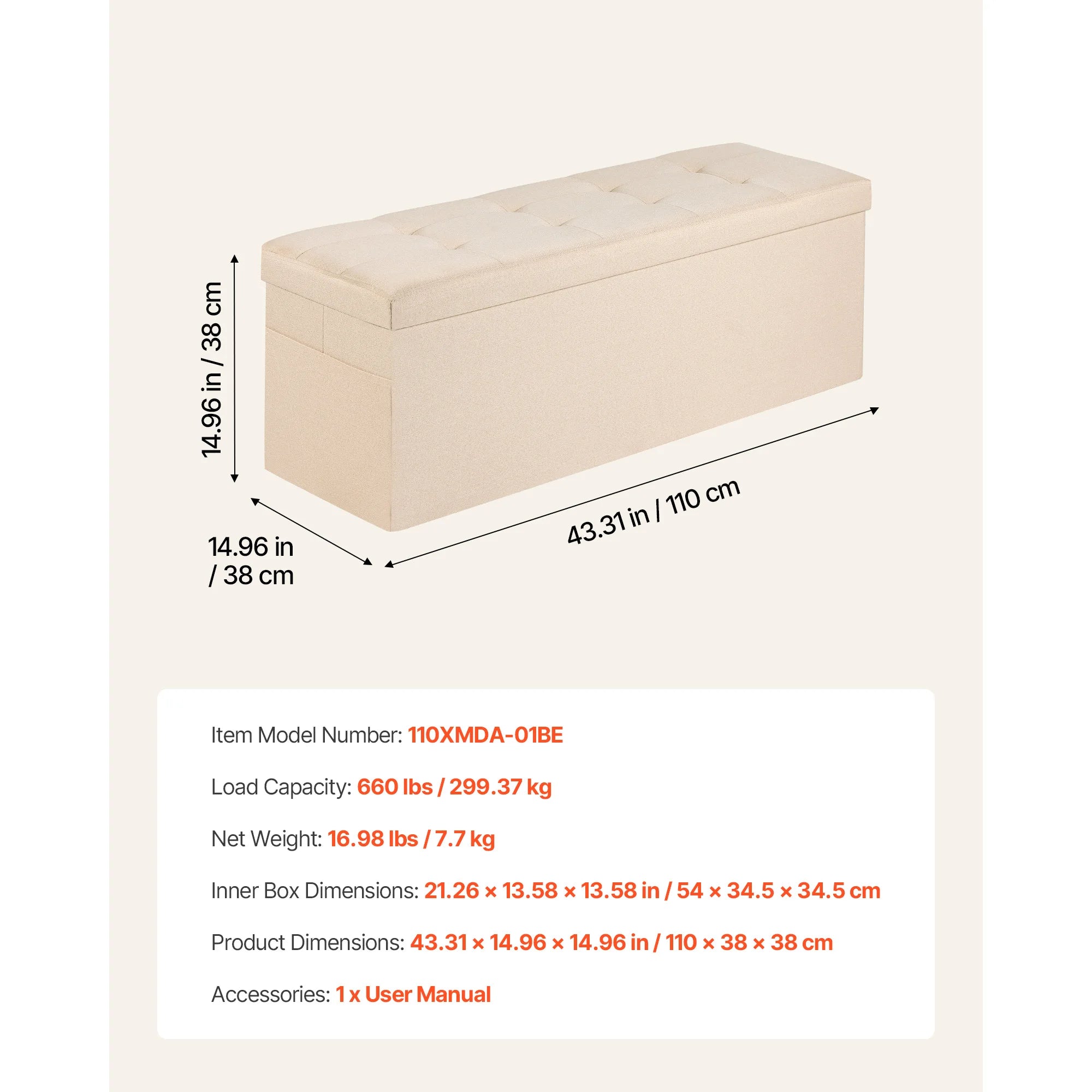 Foldable Storage Ottoman Bench with Hidden Compartments, 660lb Support
