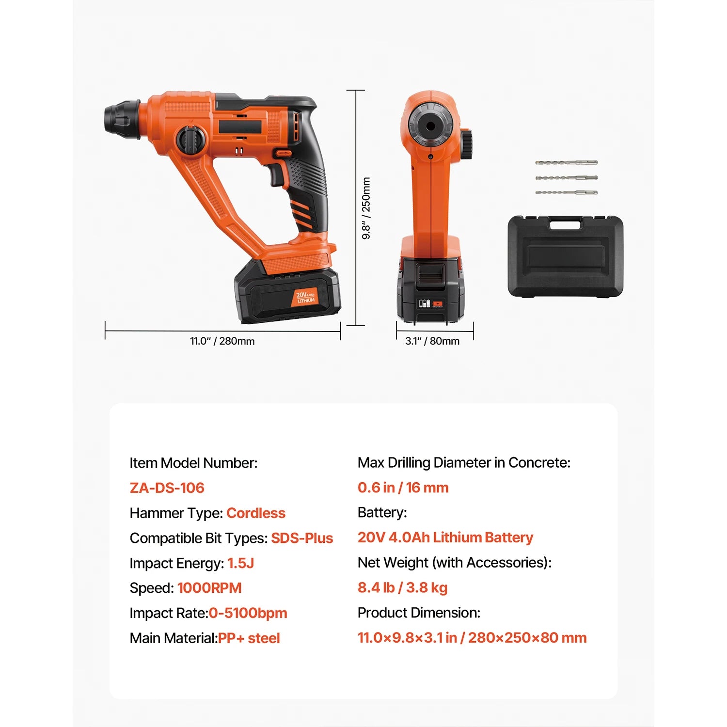 Cordless 20V SDS-Plus Rotary Hammer Drill 26mm with 4Ah Battery Kit