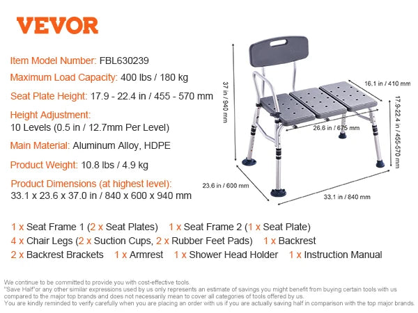 Tub Transfer Bench with Backrest & Armrest, Adjustable Non-Slip Shower Seat