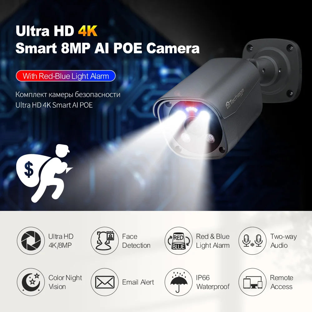 Techage 8MP 5MP 4MP 4K PoE IP Caméra H.265 Détection humaine AI Audio bidirectionnel Extérieur CCTV Surveillance ONVIF XMEYE