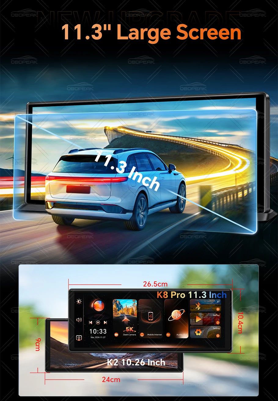 Front 5K Rear 1080P Dash Cam with 11.3-Inch Touch Screen and Night Vision