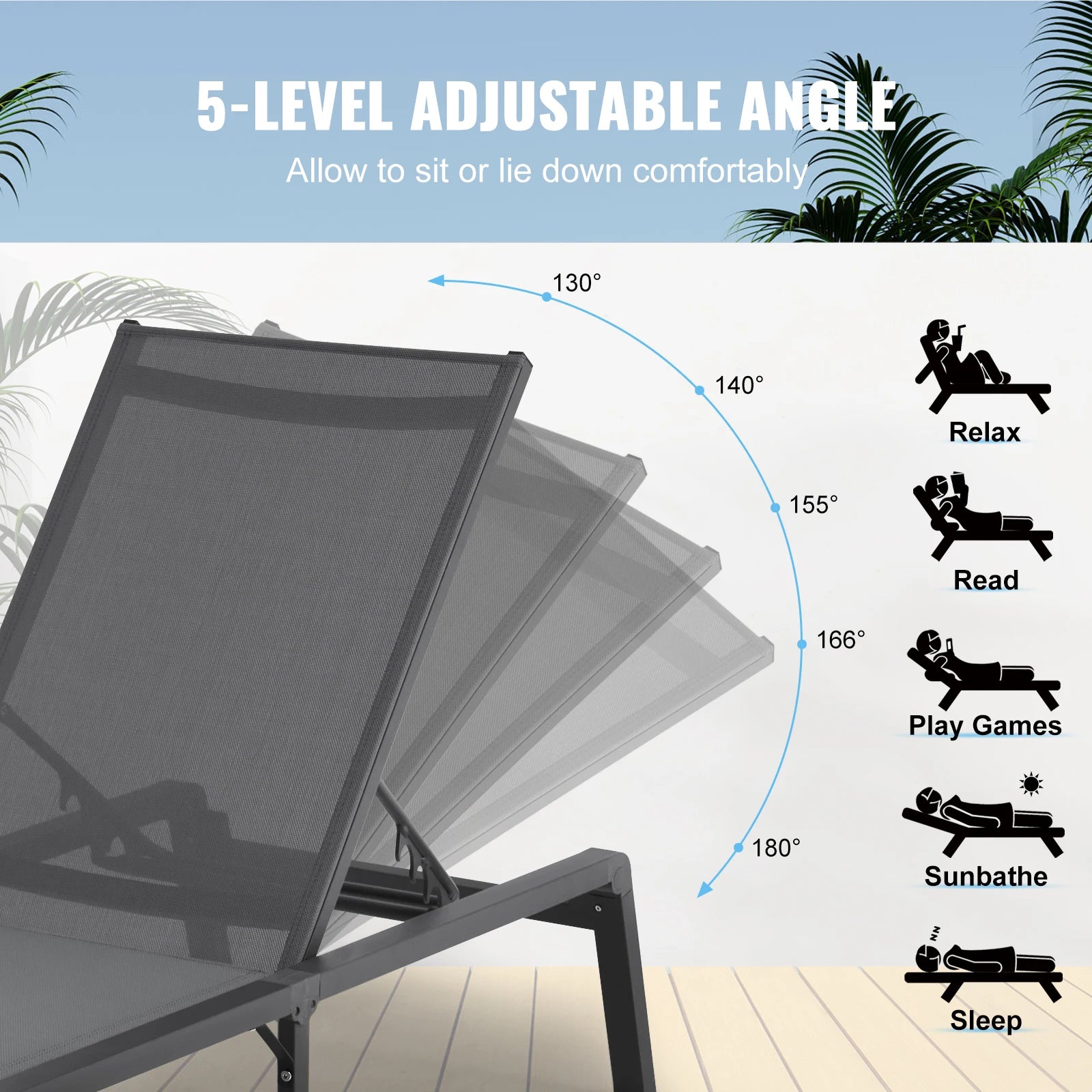 SucceBuy Garten-Liegesessel aus Aluminium, Outdoor-Patio-Liegesessel, klappbar, Pool-Liegesessel, voll flach, für Terrasse, Strand, Pool, Dunkelgrau