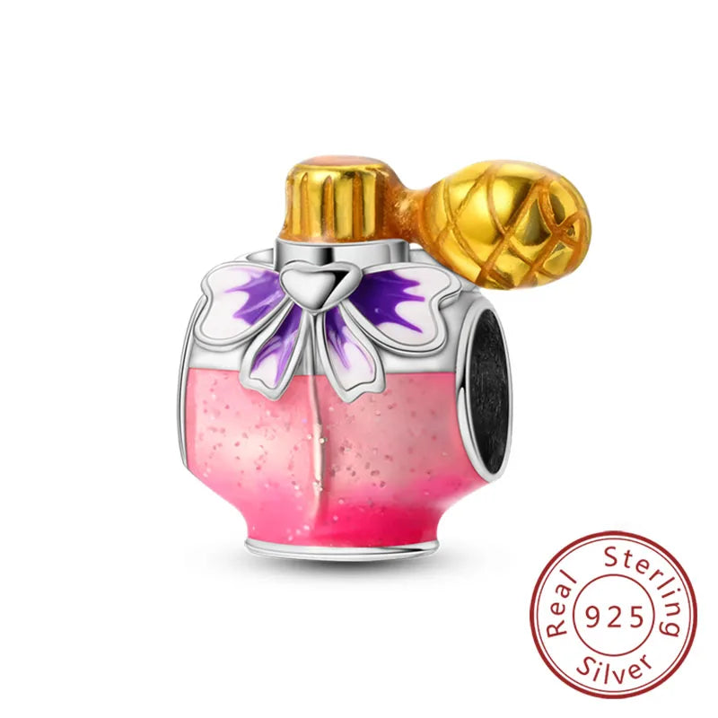 Fit Original 925 Sterling Silver Charms Beads Bow Perfume Bottle Pink Charms for Women Fine DIY Birthday Jewelry Gifts