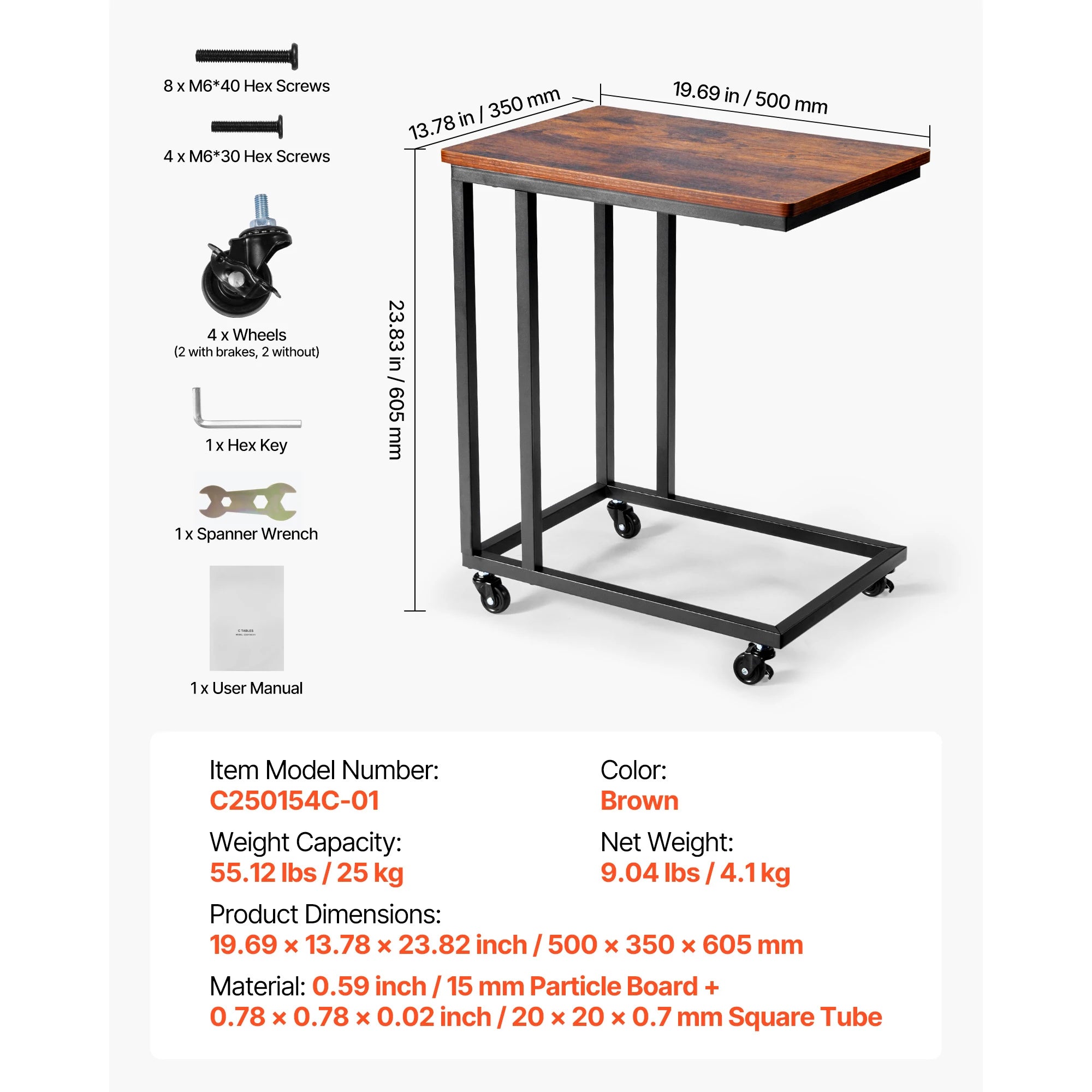 SucceBuy C Table C Shaped Sofa Side Table with Metal Frame Rolling Casters Portable C Shaped End Stand for Living Room Office