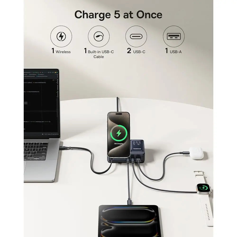 5v1 nabíjecí stanice 140W s Qi2 magnetickým bezdrátovým nabíjením a zatahovacím kabelem