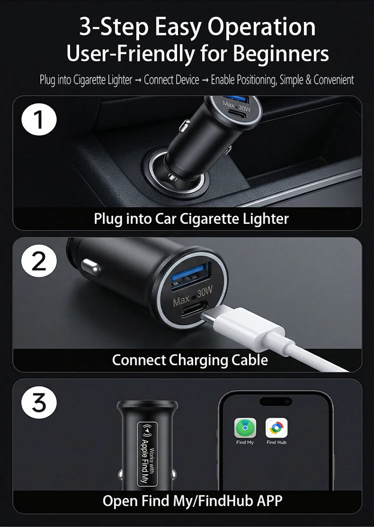 Univerzální mini GPS lokátor, sledování auta, nabíječka do cigaretového zátku, USB Type-C adaptér, skrytá, pro IOS Apple nebo Google Find My APP