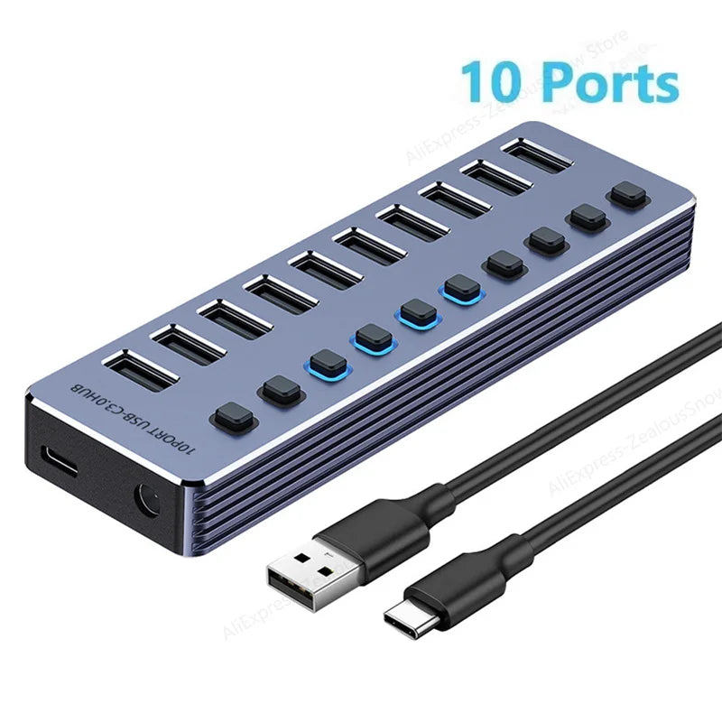 USB-C Hub with Individual Switches, 7 or 10 USB 3.0 Ports