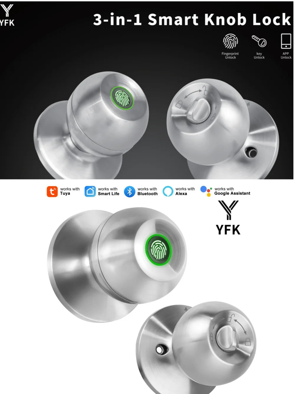 Smart Fingerprint Door Lock Knob with App Control, Password, Key Unlock and Auto Lock