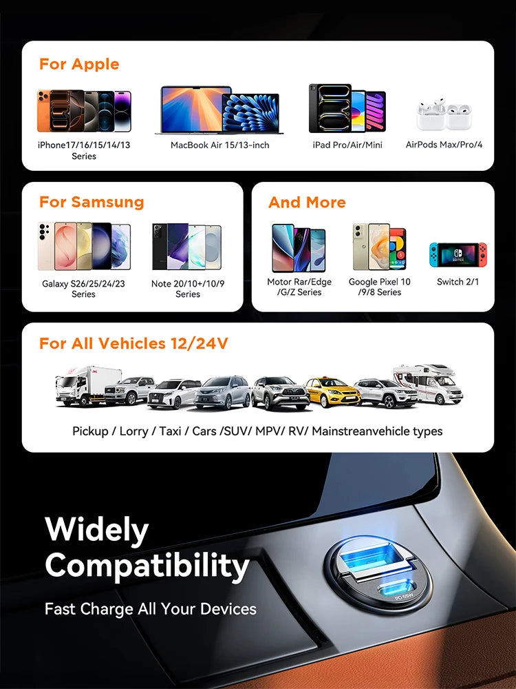 Joyroom 125W Pull Ring Car Charger USB Type-C Dual Fast Ports Fast Charging Mini Car Phone Charger Adapter Car Accessories PD QC