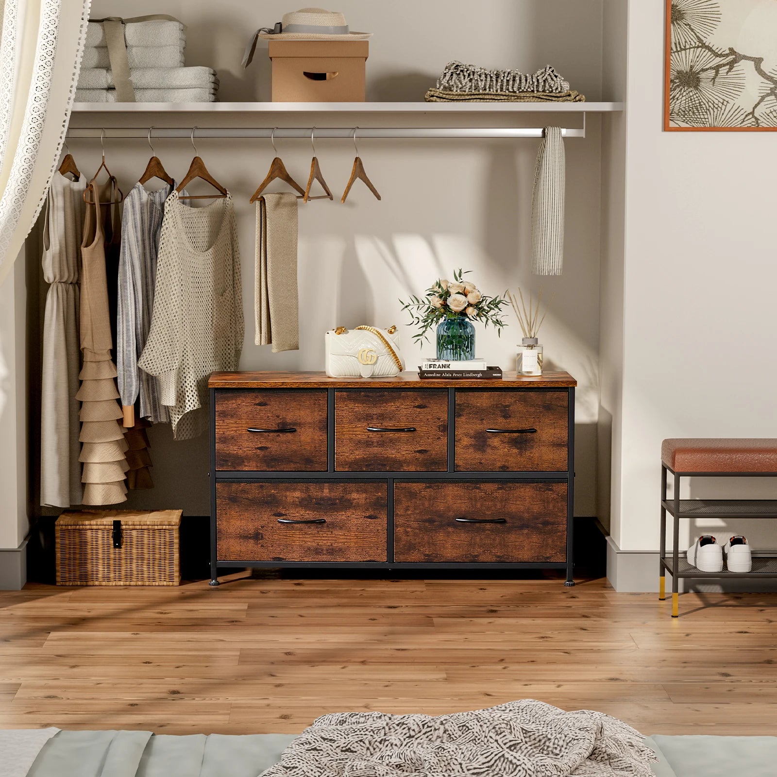 5-Drawer Fabric Dresser with Metal Frame Storage Cabinet