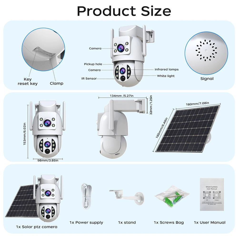 4K 6MP WiFi Solar Outdoor Dual Lens PTZ Security Camera