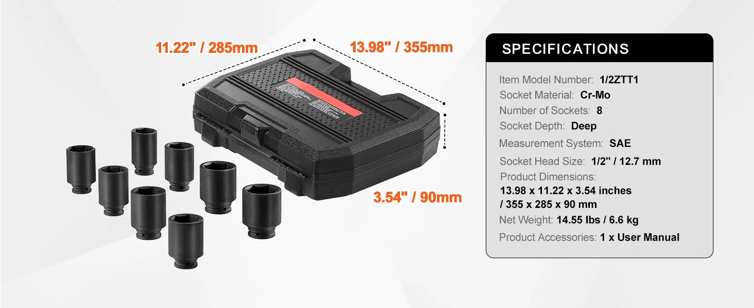 SucceBuy Axle Nut Impact Socket Set Drive Deep 6-Point 8-Piece SAE Spindle Nut Socket Set CR-MO Heat Treated Large Socket Set