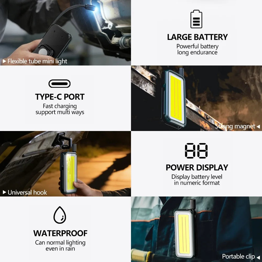 Flexible Gooseneck LED Work Light USB Rechargeable Lamp Magnetic COB Inspection Light with Hook & Clip Powerful Emergency Light