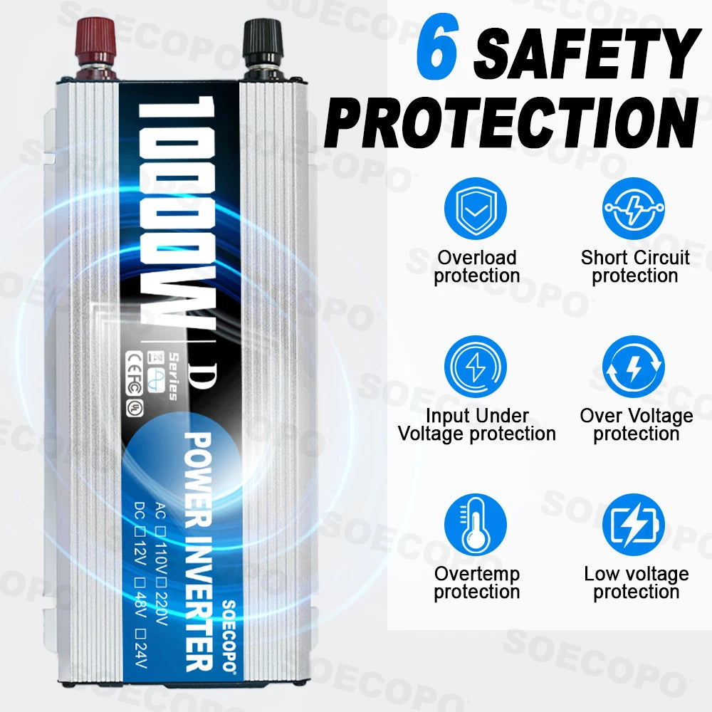 10000W DC to AC Power Inverter 12V 24V 48V to 220V with USB Port and Protection Features