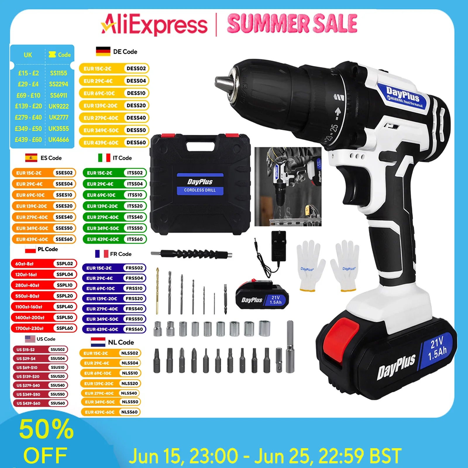 21V Portable Cordless Power Drill Set