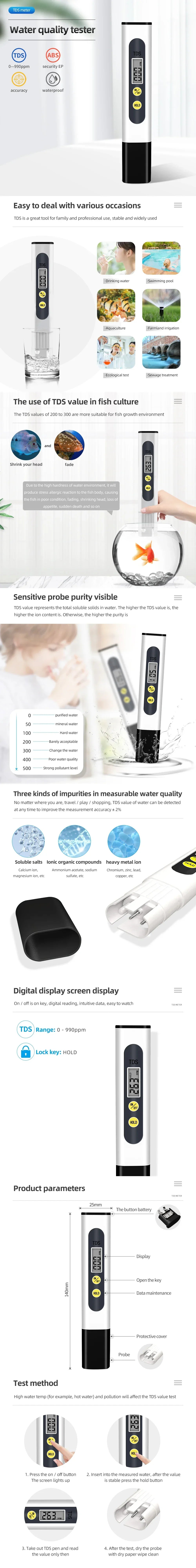 TDS Meter 0-9990ppm Digital PH Meter 0.01 PH High Precision Pen Water Tester TDS&PH Meter 0-14 PH LCD PPM Tester Aquarium Filter