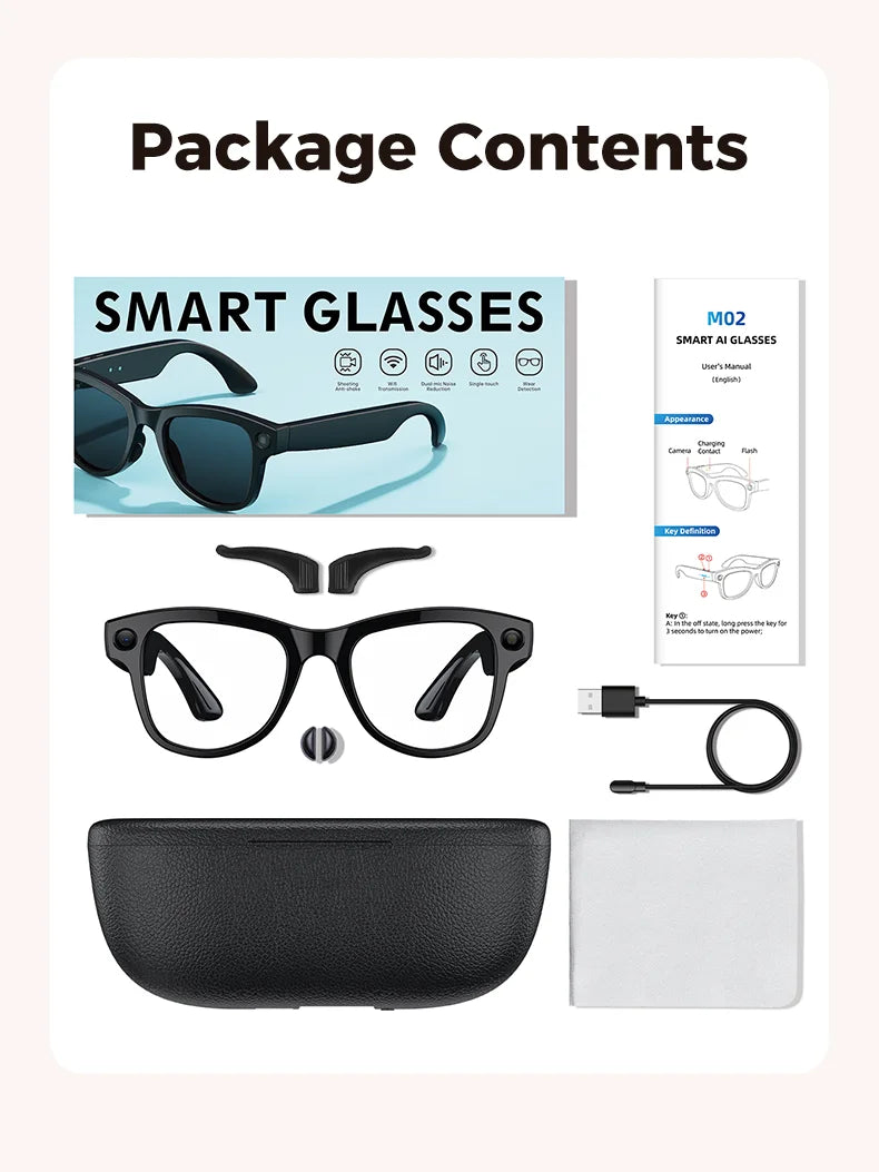 Óculos inteligentes 2026 com AI 1080p, câmera HD, M02, Ultra, ChatGPT, estojo de carregamento de 3600 mAh, banco de energia, 32 GB, tradução, música, vídeo, óculos de sol