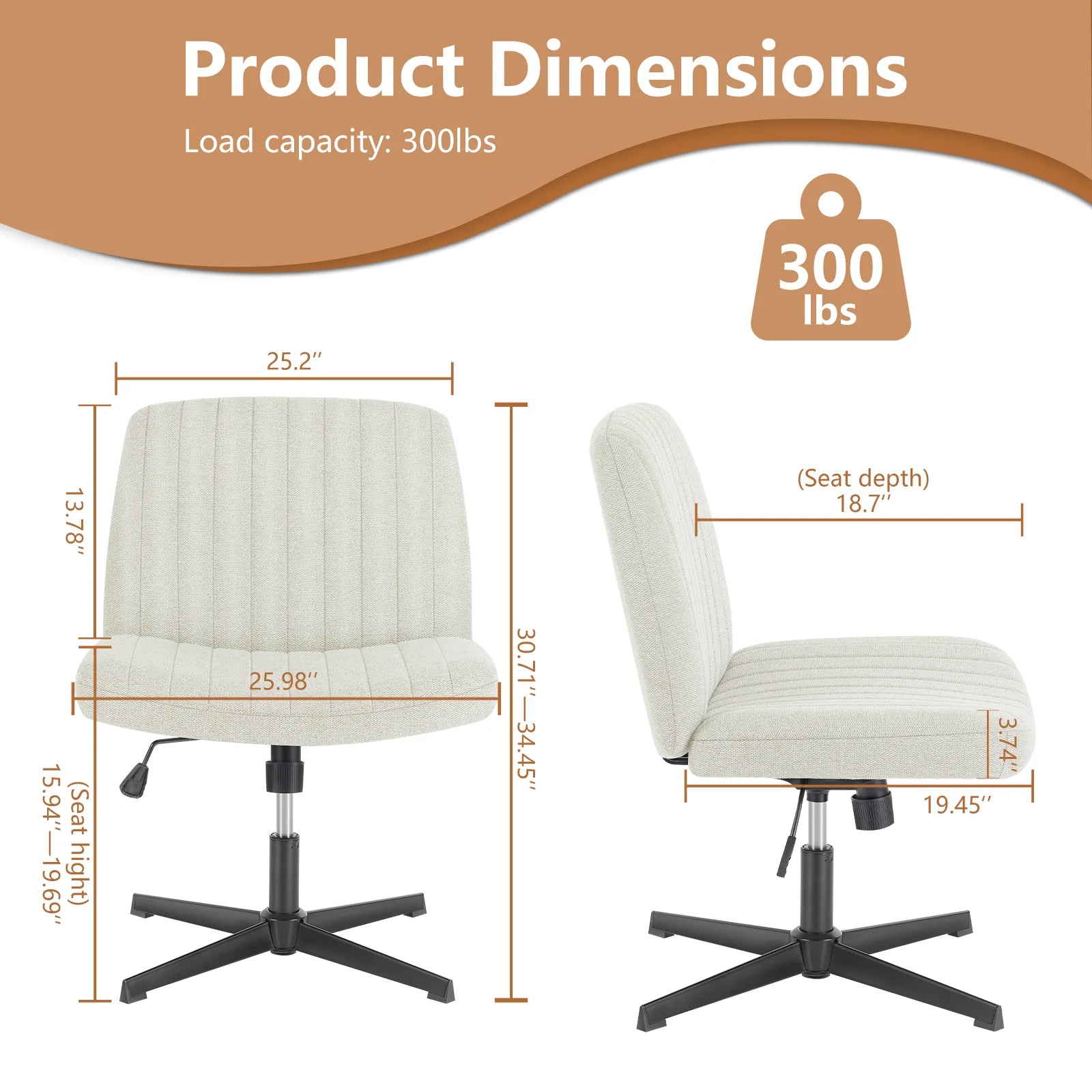 Chaise de bureau large jambes croisées, sans accoudoirs, siège pivotant réglable