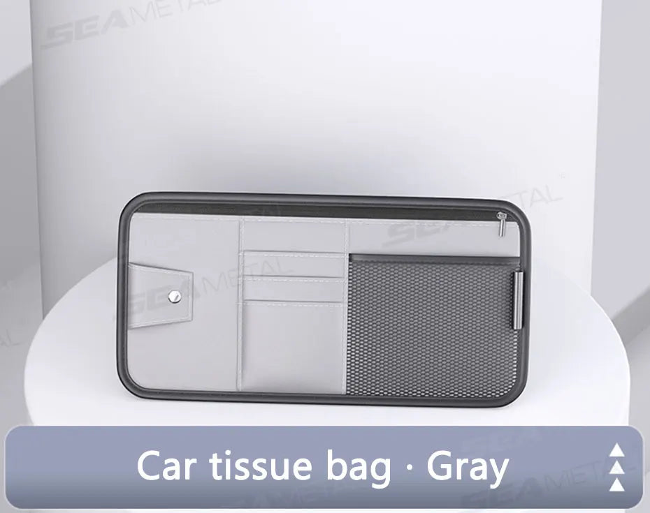 SEAMETAL 9 in 1 Sun Visor Organizer for Car PU Leather Zipper Storage Bag Net Pouch Auto Storage Pocket with Glasses/Card Holder