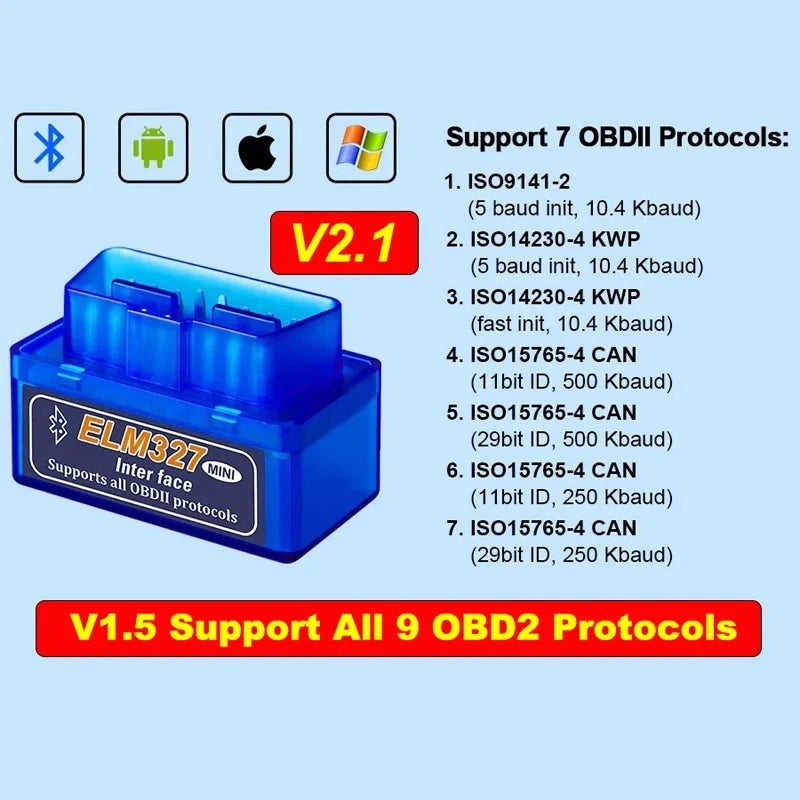 Mini ELM327 V1.5/V2.1 Bluetooth OBD2 Scanner Code Reader Car Diagnostic Tools Check Engine Scan Car Fault Detector