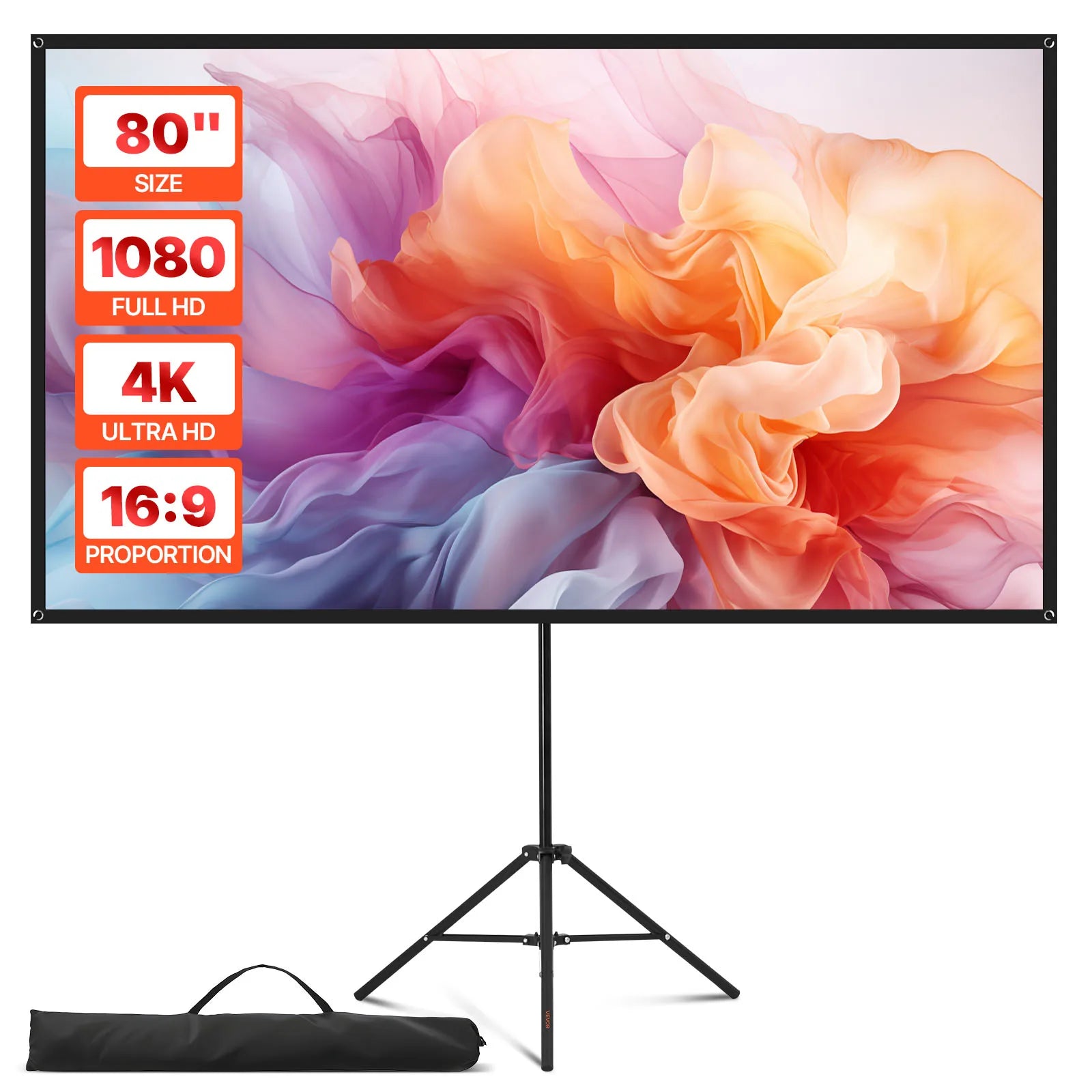 SucceBuy projekcijsko platno s stalkom 80 inča, široki kut 160°, unutarnje/vanjsko projekcija, omjer 16:9, 4K HD, bez naboravanja, prijenosne trokutne ploče sa zaštitnom torbom za film, kućni kino, ured predstavništvo