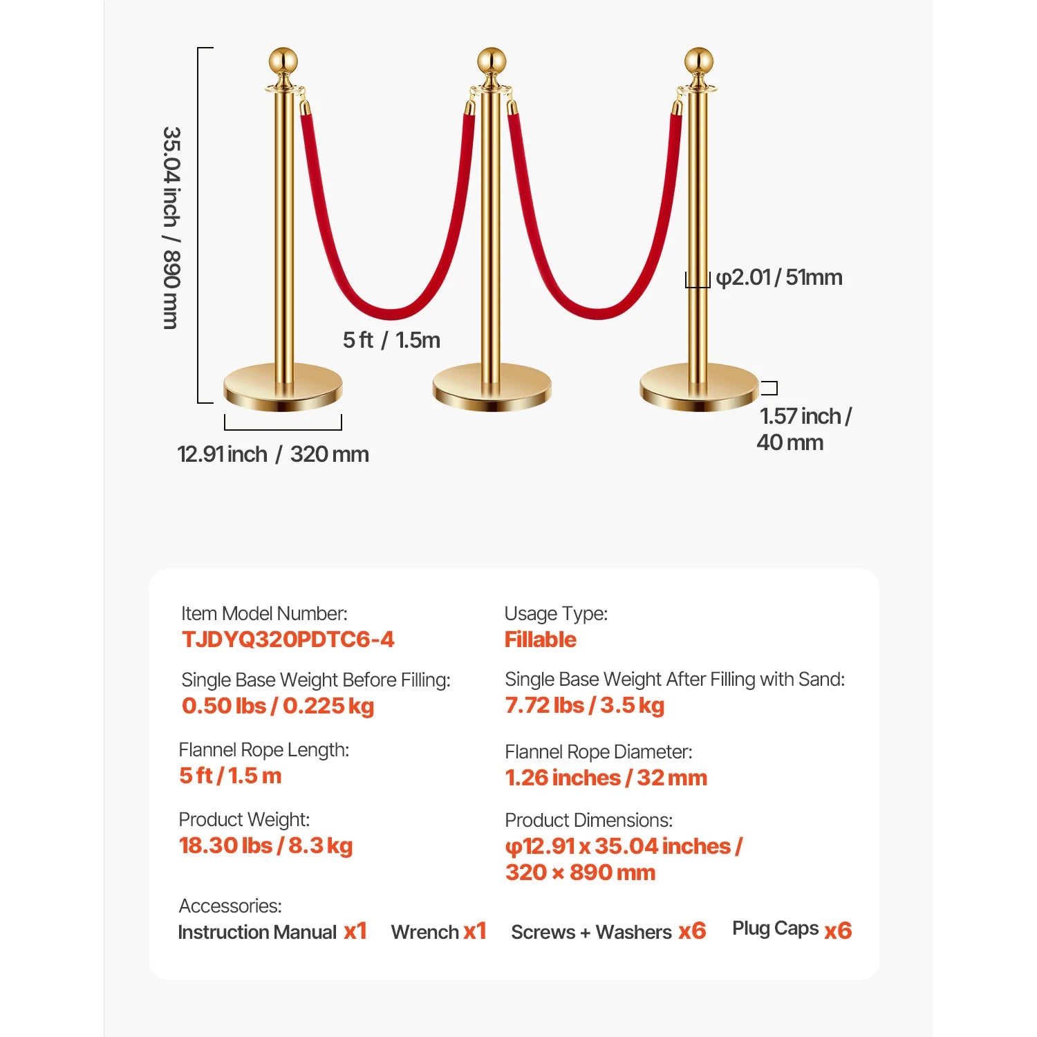 SucceBuy Stanchions 4/6/8Pcs Stainless Steel Post with Fillable Base Red Velvet Ropes & Posts Crowd Control Barriers Stanchions