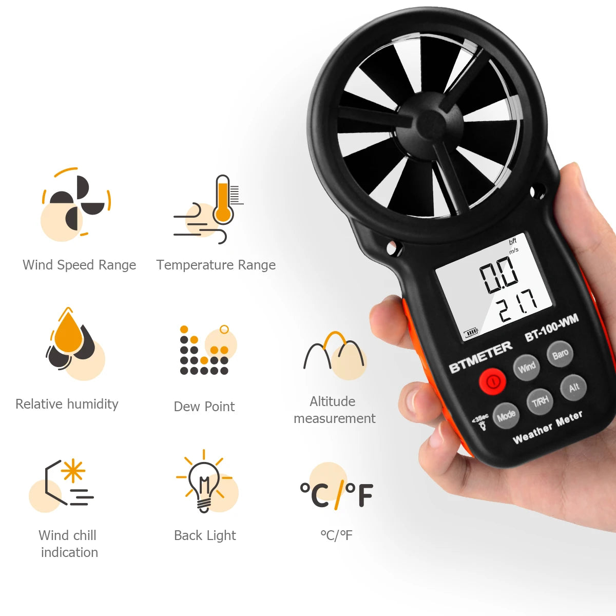 Anemómetro e barómetro digital portátil BTMETER BT-100-WM, com funções de medição da temperatura e da humidade, 0.3-30 M/s