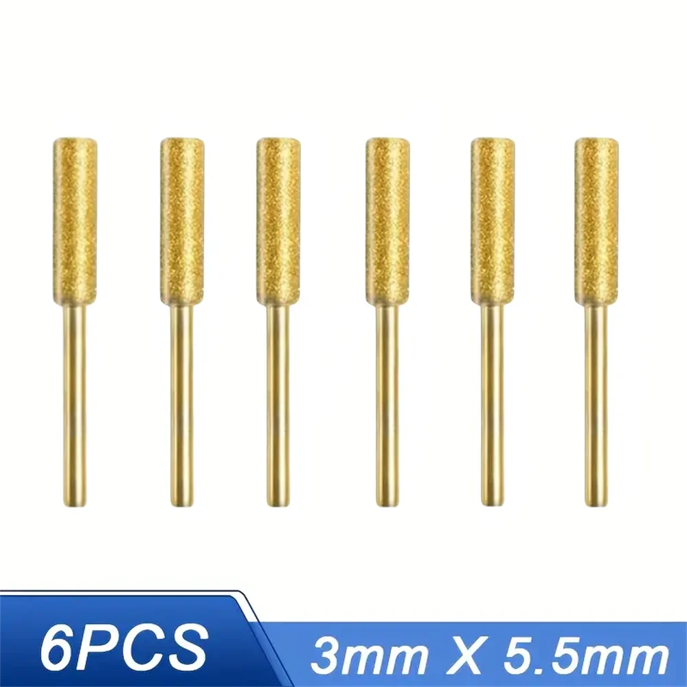 6pcs Diamond Coated Cylindrical Burr 4/4.8/5.5mm Chainsaw Sharpener Stone File Chain Sharpening Carving Grinding Tools Kits