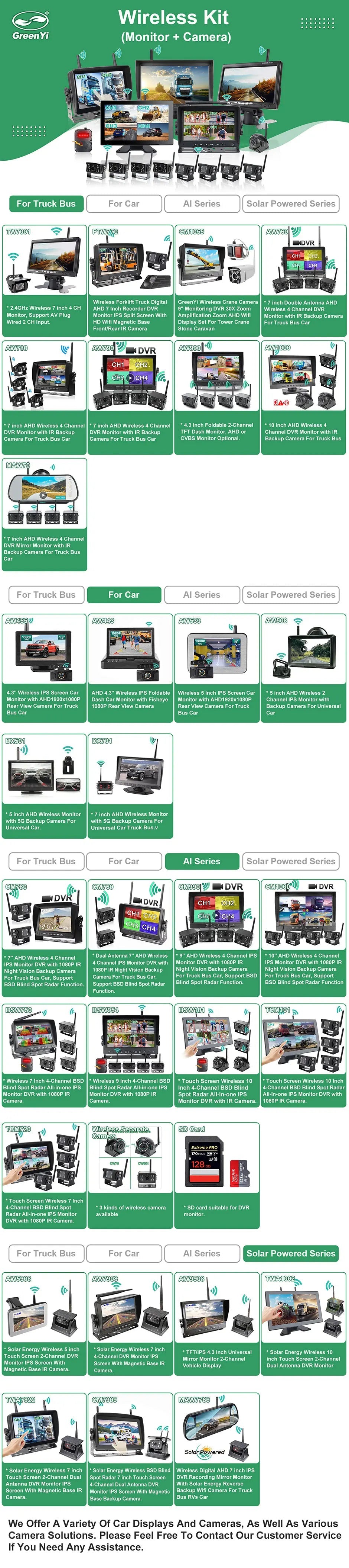 7'' Magnetic Solar Charging Wireless DVR Camera with 1080P Touch Monitor BSD Blind Spot Alarm, for Truck/RV/Trailer/Forklift