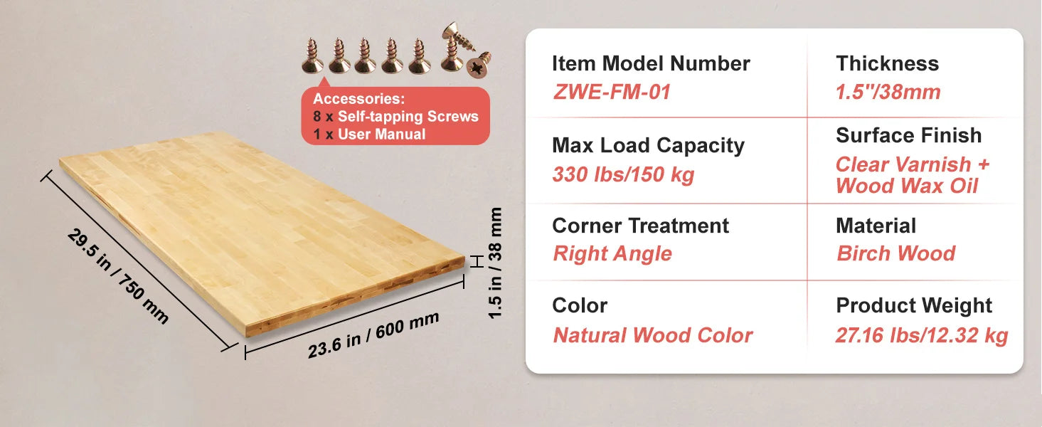Tablero de Escritorio de Madera Maciza de Arce 1.5" de Grosor Capacidad de 330 lb