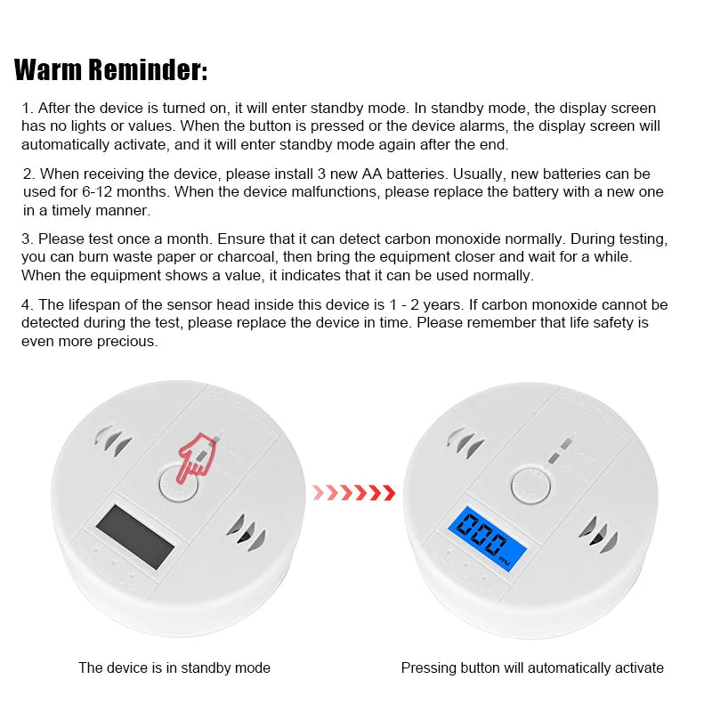 Carbon Monoxide Detector Alarm New Photoelectric Sensor 85dB Sound Warning LCD Digital Display Home Indoor CO Poisoning Siren