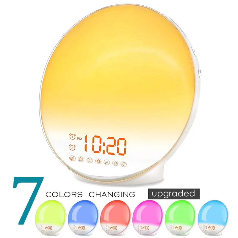 Sunrise Sunset Simulation Awakening Alarm Clock with Colorful Atmosphere Light and FM Radio Function.Relaxed Natural Sound Tunes