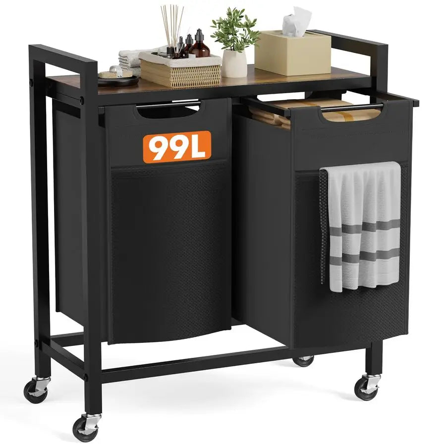 2-Section Laundry Hamper with Removable Bags and Rolling Shelf