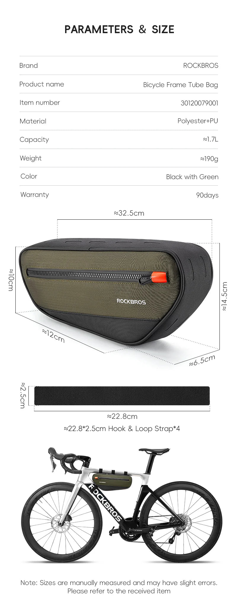 Bike Frame Tube Bag 1.7L with Reflective Design and Easy Mount