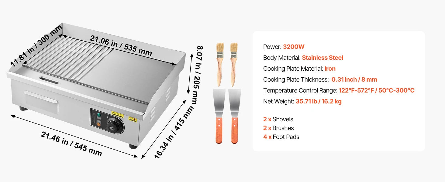 Commercial Electric Griddle 3200W Flat Top Grill with Temp Control