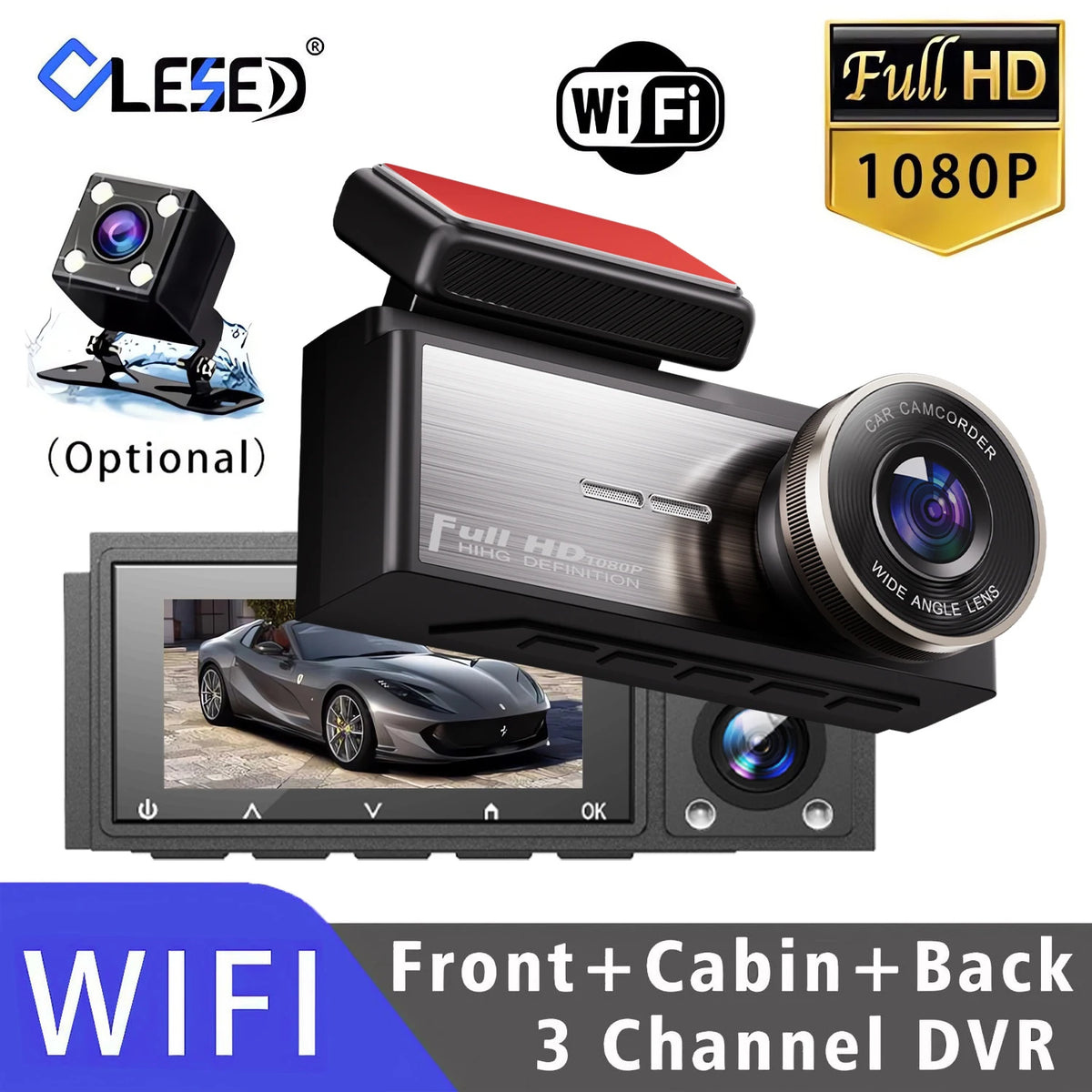 Videoregistratore per auto a 3 canali HD 1080P con Wi-Fi, telecamera DVR per interno veicolo, obiettivo a tre vie, registratore video DVR, dashcam