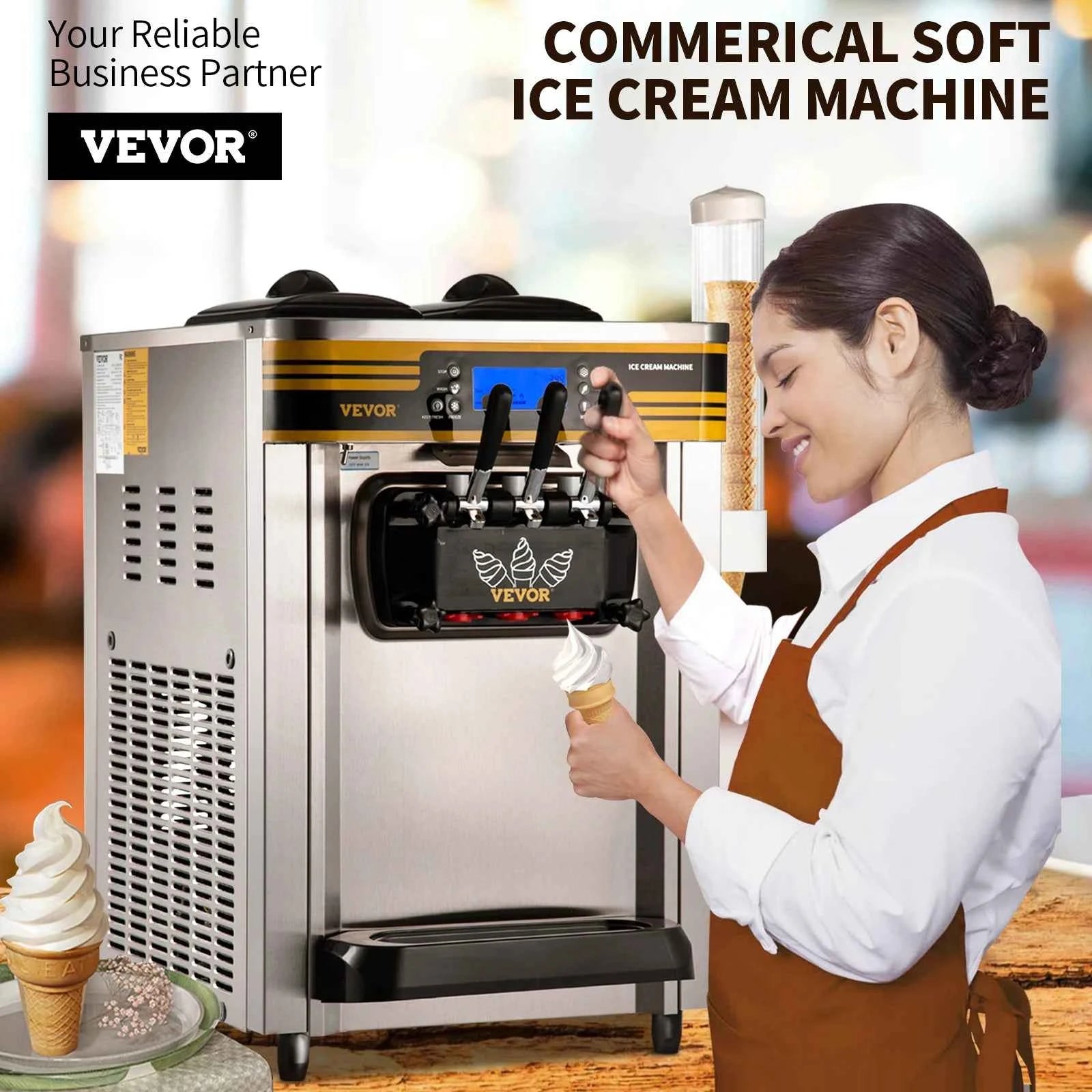 SucceBuy 22-30L/H Soft Ice Cream Maker Commercial Countertop Tricolor 2+1 Flavors Sweet Cones Freezing Equipment Vending Machine
