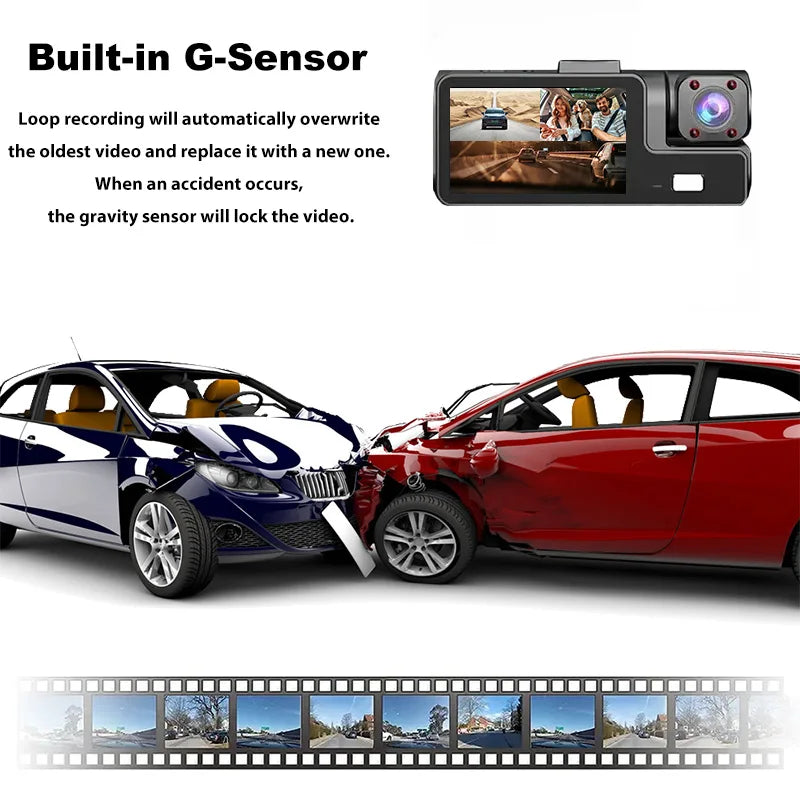 3 Channel WiFi Dash Cam Front Inside Rear 1080P Night Vision DVR