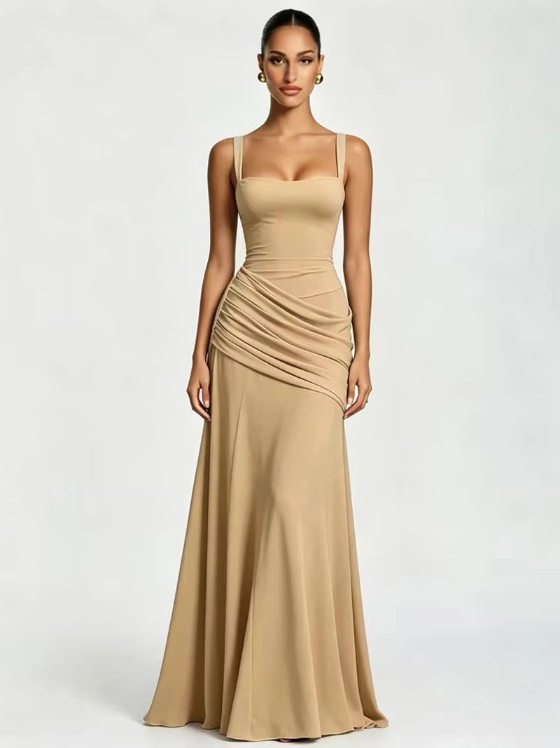 Women’s Elegant Ruched Backless Maxi Dress with Square Neck