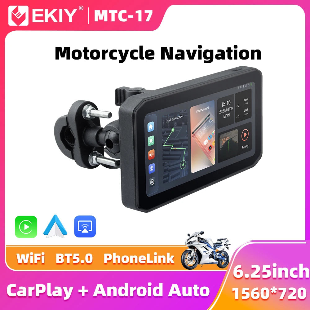 EKIY 6.25" Portable Digital Motorcycle Dashboard GPS Navigation Display Screen TPMS Monitor Wireless CarPlay Moto Android Auto