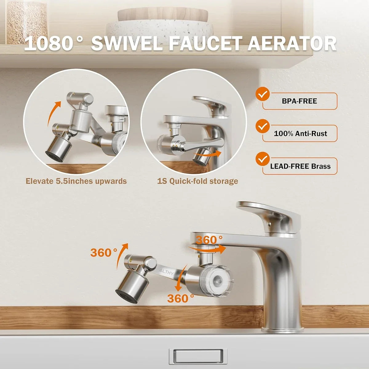Filtre de robinet rotatif à 1080° avec filtration en 5 étapes et modes de pulvérisation