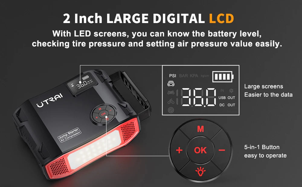 UTRAI 4‑i‑1 Jump Starter Power Bank med luftkompressor