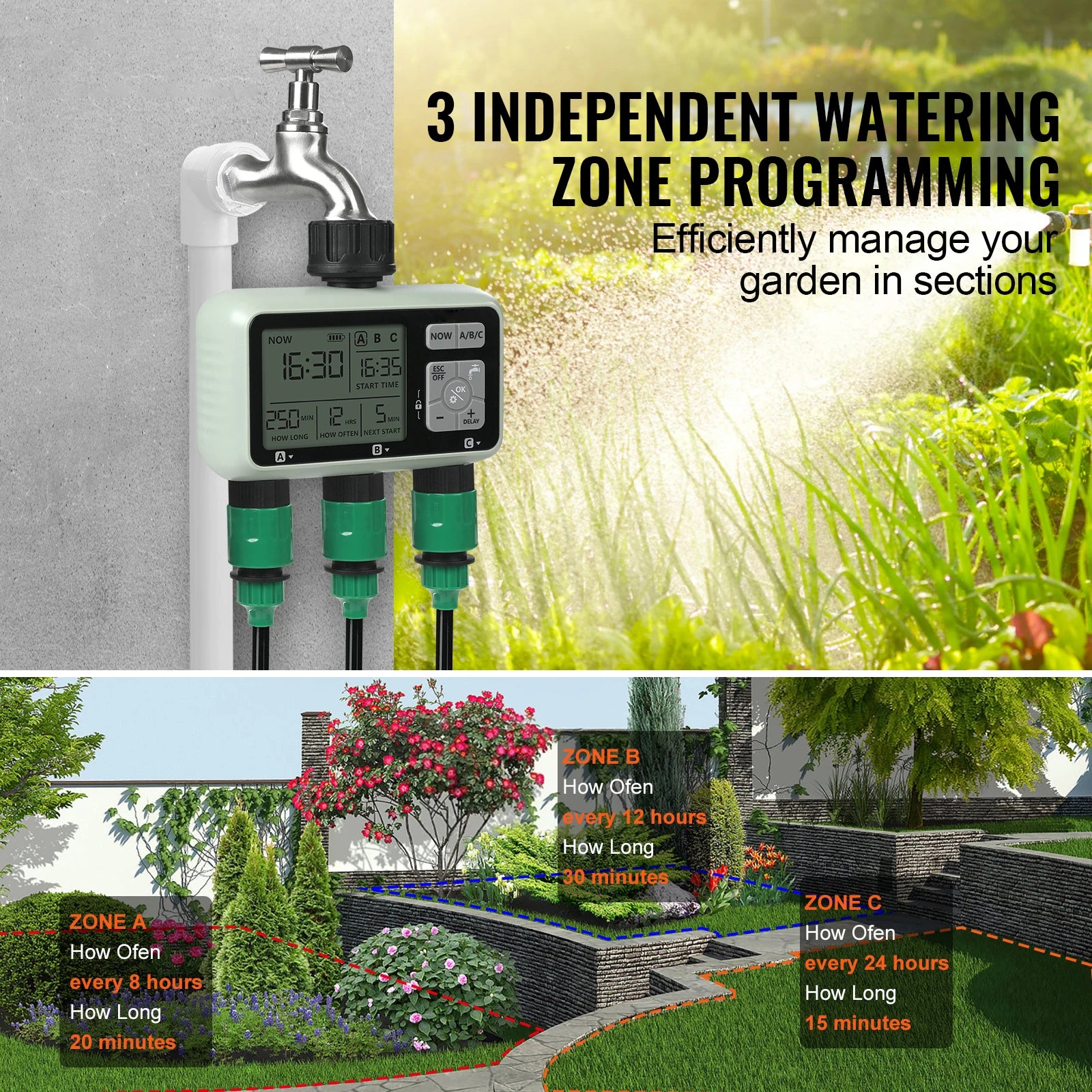 3-Zone Hose Water Timer with LCD, Rain Delay & Manual Mode