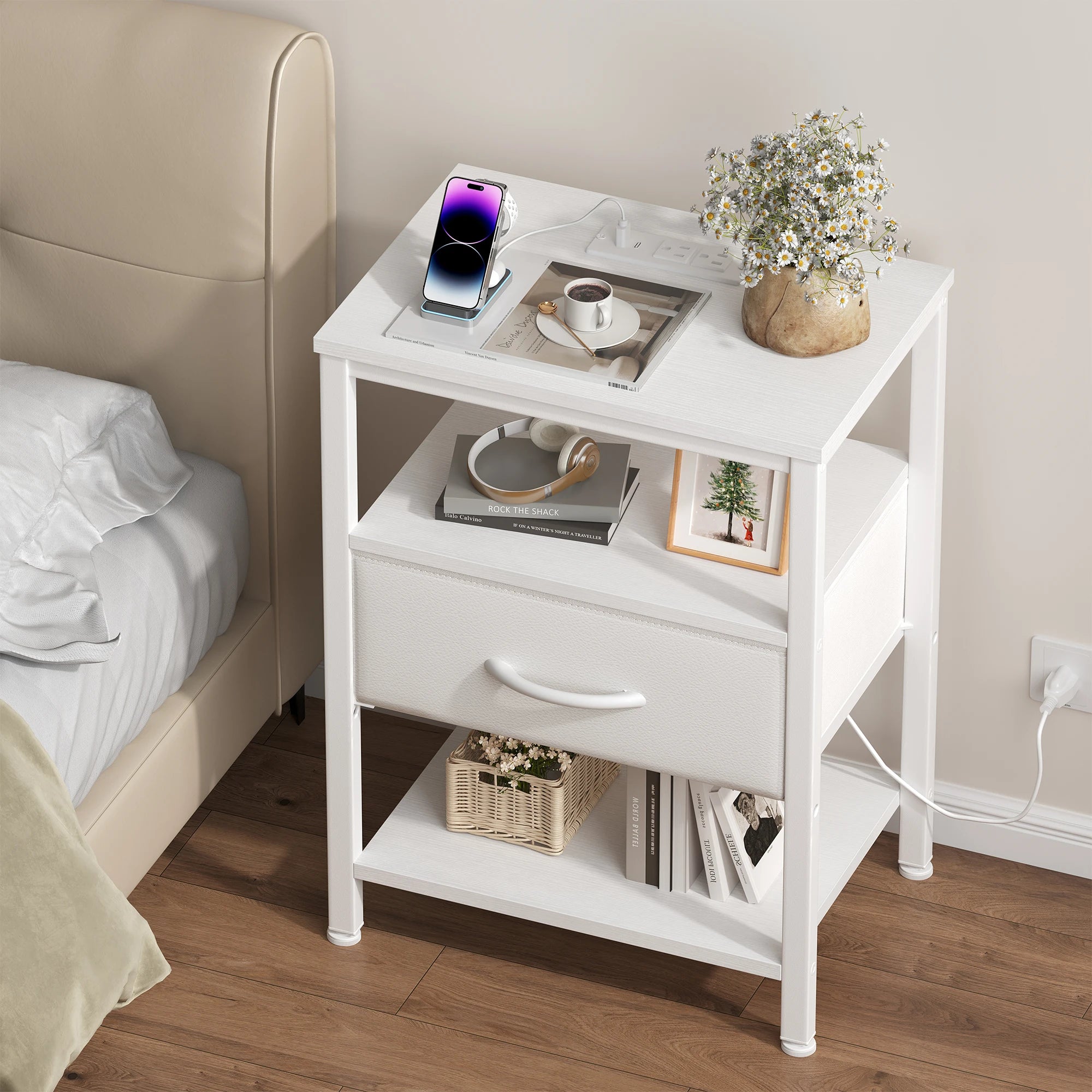 3-Tier Nightstand Set of 2 with Charging Station and Storage Drawers