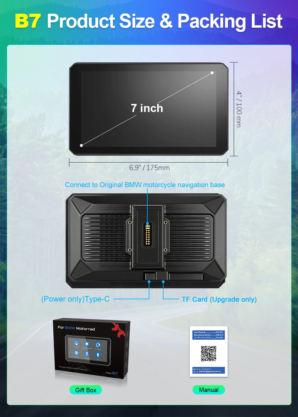 Navegador portátil para motocicleta B7 para BMW R1200 R1250GS S1000 M1000 XR ADV, táctil, al aire libre, impermeable, protector solar, CarPlay, Android Auto