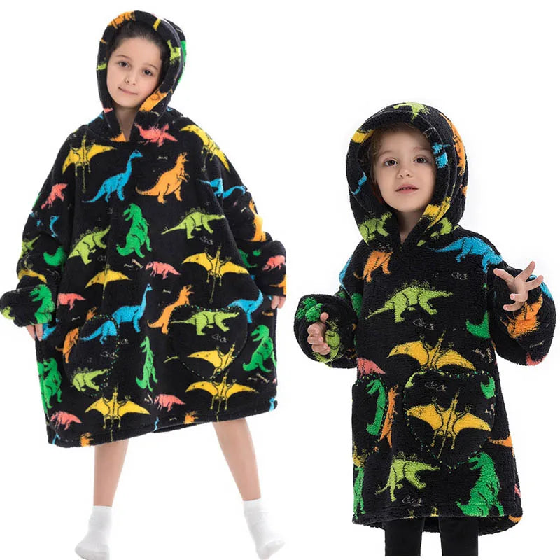 Girls Winter Clothes Flannel Thick Hoodies Super Warm Children's Sweaters Kids Hooded Loose Clothing Homewear Wearable Blankets