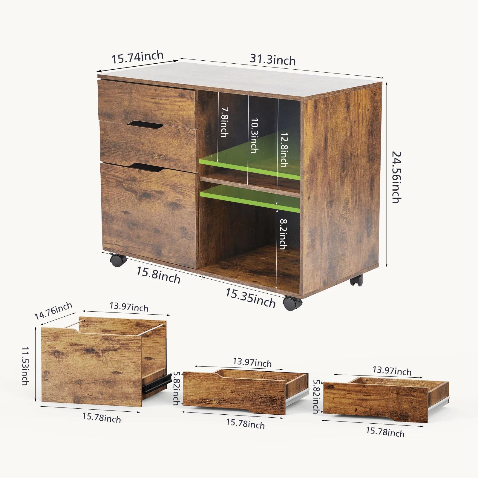 Corner Storage Cabinet with Drawers & Wheels Wood Organizer Table