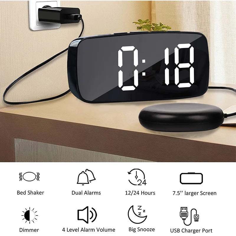 Super Loud Vibrating Alarm Clock with Bed Shaker Multifunctional Dual USB for Heavy Sleeper Deaf Hard of Hearing Snooze