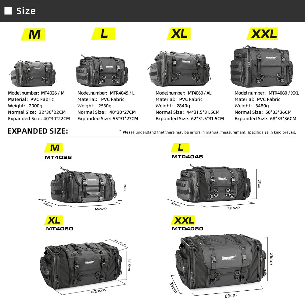 Motorcycle Tail Bag Expandable Luggage 19L–80L Rack Trunk Storage