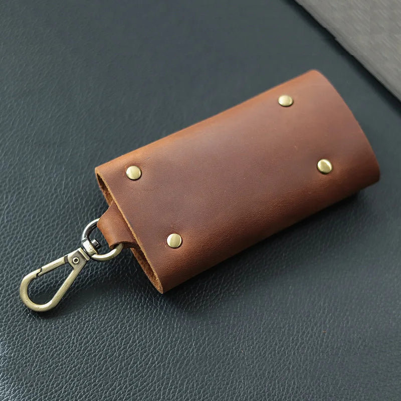 Handmade Genuine Leather Key Holder - Men's Organizer Pouch with Card Slot, Housekeeper Key Case & Wallet (Gift Ready)
